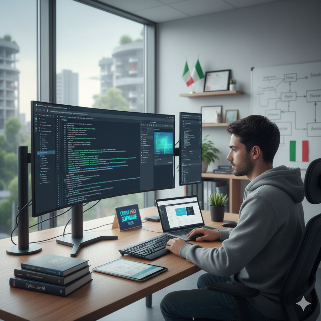 Programmatore che lavora su codice con monitor moderni in un ufficio tecnologico